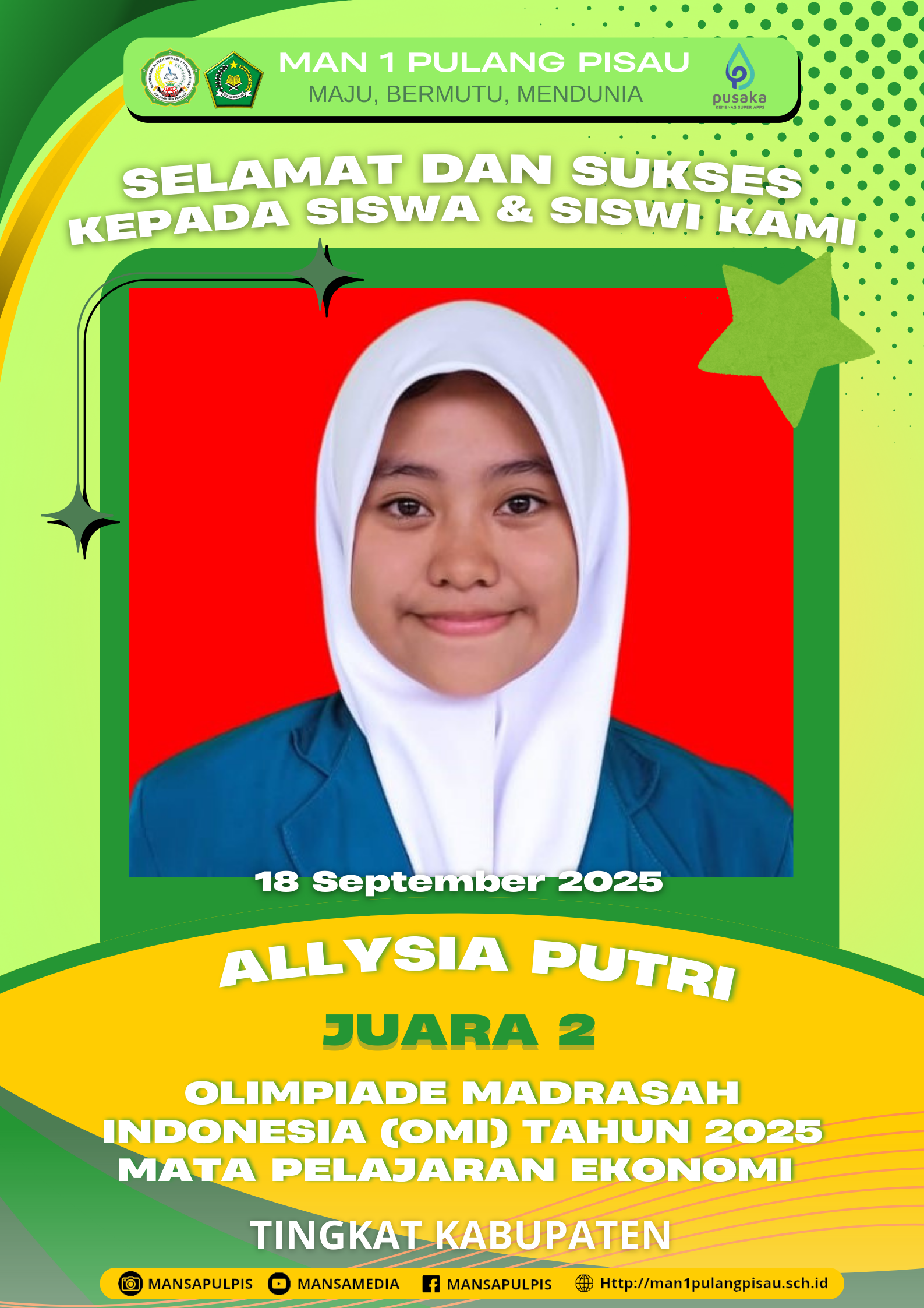 SISWI MAN 1 PULANG PISAU PLUS KETERAMPILAN BERHASIL MERAIH JUARA 2 OLIMPIADE MADRASAH INDONESIA (OMI) TAHUN 2025 MATA PELAJARAN EKONOMI TINGKAT KABUPATEN